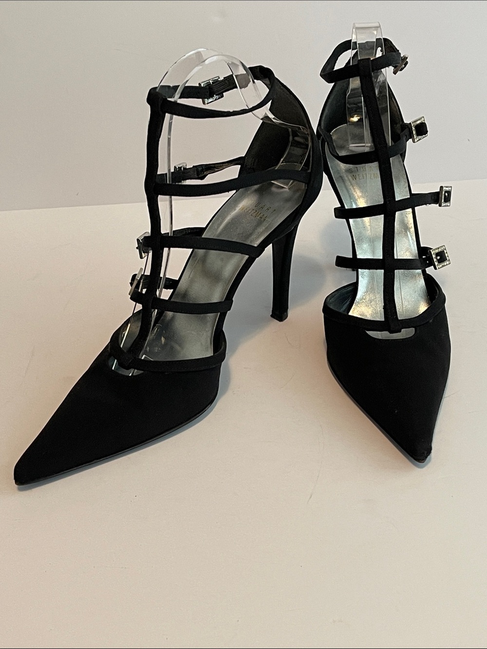Y2K Stuart Weitzman black satin caged rhinestone buckle stilettos sz 8m